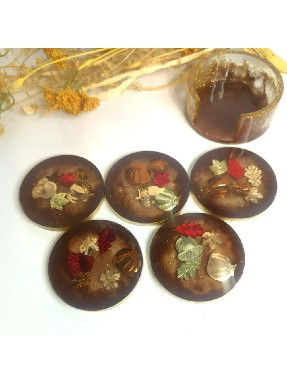 Handmade Resin Round Coaster Set With Holder Fall Autumn Themed Leaves Pumpkin